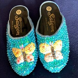Sequin butterfly turquoise yellow slippers shoes